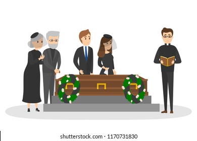 Funeral ceremony on the cemetery. Group of sad people in black clothes standing with flowers and wreaths around coffin. Isolated vector flat illustration