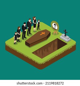 Funeral ceremony on the cemetery isometric 3d vector illustration concept for banner, website, landing page, ads, flyer template