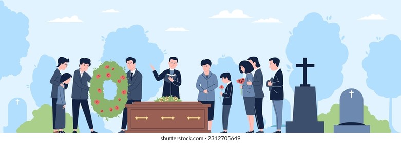 Funeral ceremony on cemetery. Memorial service, coffin and family procession. Death and life, people with flowers mourning, recent vector scene