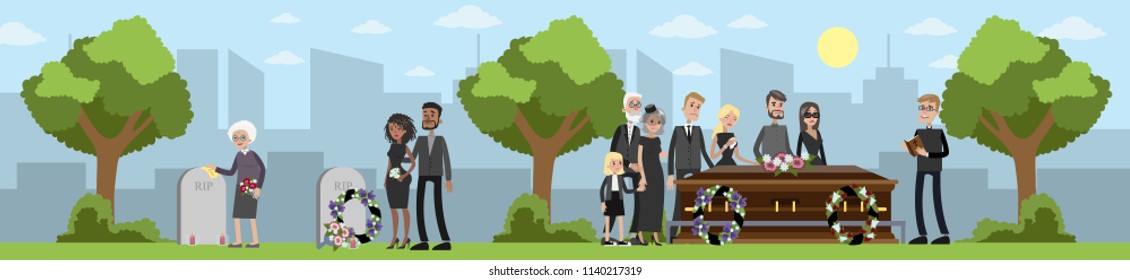 Funeral ceremony on the cemetery. Sad people in black clothes standing with flowers and wreaths around coffin. Vector flat illustration