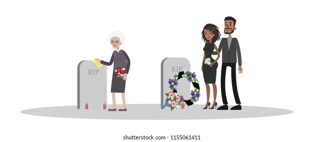 Funeral ceremony on the cemetery. Sad people in black clothes standing with flowers at the tombstone or grave. Isolated vector flat illustration