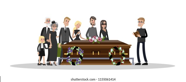 Funeral ceremony on the cemetery. Sad people in black clothes standing with flowers and wreaths around coffin. Isolated vector flat illustration