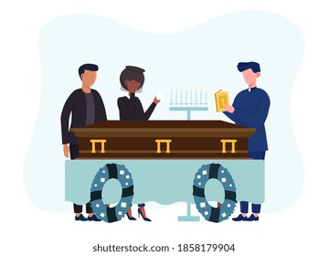 Funeral ceremony on the cemetery. Sad people in black clothes standing with flowers and wreaths around coffin. Concept of sorrow and loss of a loved one. Flat vector illustration