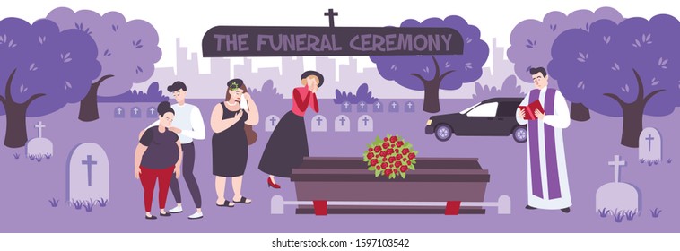 Funeral ceremony on cemetery vector illustration with weeping people standing with flowers and wreaths around coffin