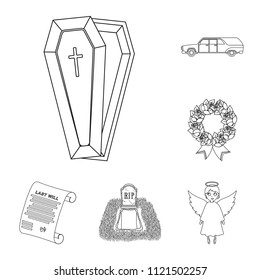 Funeral ceremony outline icons in set collection for design. Funerals and Attributes vector symbol stock web illustration.