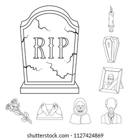 Funeral ceremony outline icons in set collection for design. Funerals and Attributes vector symbol stock web illustration.