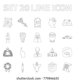 Funeral ceremony outline icons in set collection for design. Funerals and Attributes vector symbol stock web illustration.