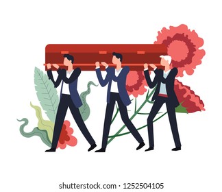 Funeral ceremony people carrying wooden coffin with body of deceased person inside vector flowers in bloom and foliage decor men mourning death service burial procession with males and casket.