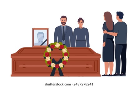 Funeral ceremony. People in grief. Family characters standing near coffin with dead man portrait on background. Vector illustration