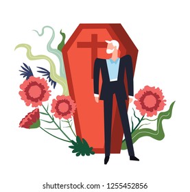 Funeral ceremony person grieving by coffin of deceased person vector flowers in bloom and floral decoration bearded male wearing black costume suit cross at wooden casket burial service death.