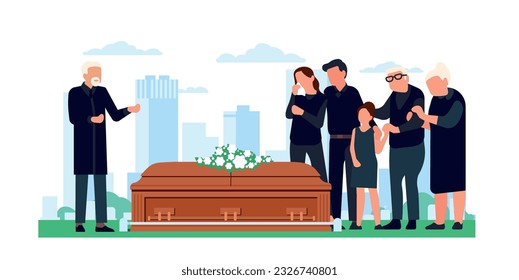 Funeral ceremony. Sad family members standing in cemetery near coffin with deceased. Traditional burial farewell ritual. Grief and sorrow. Mourning death of relative