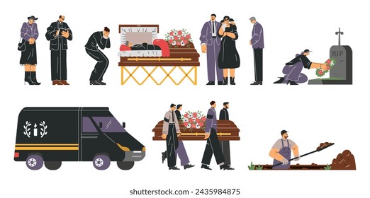 Funeral ceremony and service set. People grieve the loss. Burial process. Death concept. Flat vector illustrations concept collection.