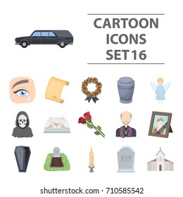 Funeral ceremony set icons in cartoon style. Big collection of funeral ceremony vector symbol stock illustration