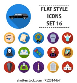 Funeral ceremony set icons in flat style. Big collection of funeral ceremony vector symbol stock illustration