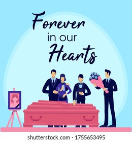 Funeral ceremony social media post mockup. Forever in our hearts phrase. Web banner design template. Booster, content layout with inscription. Poster, print ads and flat illustration