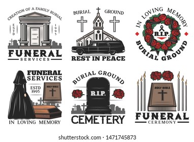 Funeral ceremony vector icons of burial, cremation and interment service. Cemetery, tombstone and coffin, bible, church and crosses, memorial flower wreath, candles and ossuary, widow and hearse car