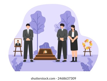 Funeral Ceremony Vector Illustration of Sad People in Black Clothes Standing by a Grave with Wreaths Around a Coffin in a Flat Cartoon Background