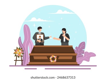 Funeral Ceremony Vector Illustration of Sad People in Black Clothes Standing by a Grave with Wreaths Around a Coffin in a Flat Cartoon Background