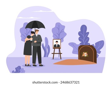 Funeral Ceremony Vector Illustration of Sad People in Black Clothes Standing by a Grave with Wreaths Around a Coffin in a Flat Cartoon Background