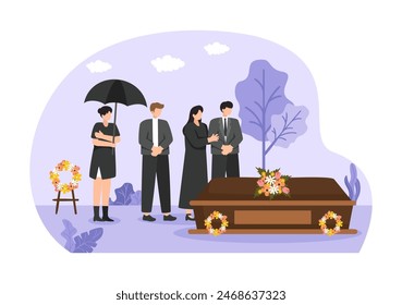 Funeral Ceremony Vector Illustration of Sad People in Black Clothes Standing by a Grave with Wreaths Around a Coffin in a Flat Cartoon Background