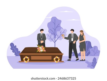 Funeral Ceremony Vector Illustration of Sad People in Black Clothes Standing by a Grave with Wreaths Around a Coffin in a Flat Cartoon Background