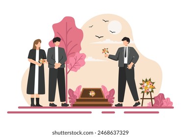 Funeral Ceremony Vector Illustration of Sad People in Black Clothes Standing by a Grave with Wreaths Around a Coffin in a Flat Cartoon Background