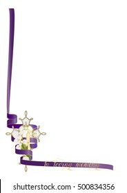 Funeral, christian death or remembrance religious background with copy space for text. Cross with flowers and purple ribbon.