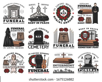 Funeral coffin, cemetery tombstone and cremation urn vector icons of burial and interment service design. Memorial ceremony flower wreaths, Bible and candles, crosses, church and priest, widow, angel