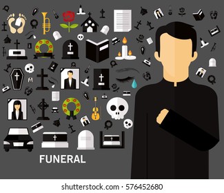 Funeral concept background flat icons.