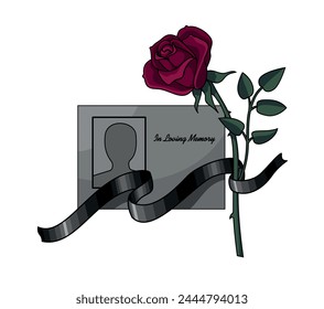 Funeral. A condolence card decorated with a black mourning ribbon and a burgundy rose. An illustration for a funeral home.