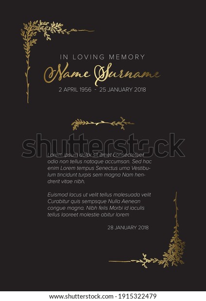 Funeral condolence death\
notice card template with handdrawn golden floral elements - gold\
black version