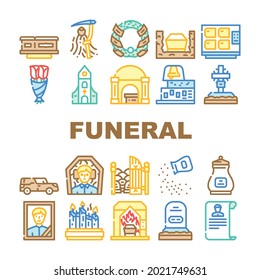 Funeral Dead Ceremony Collection Icons Set Vector. Urn And Grave, Car And Coffin, Flowers And Wreath, Candles In Church Funeral Ceremonial Equipment Line Pictograms. Contour Color Illustrations