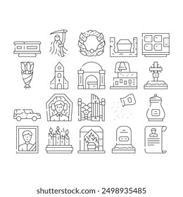 Funeral Dead Ceremony Collection Icons Set Vector. Urn And Grave, Car And Coffin, Flowers And Wreath, Candles In Church Funeral Ceremonial Equipment Black Contour Illustrations