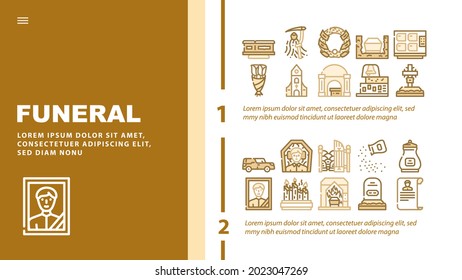 Funeral Dead Ceremony Landing Web Page Header Banner Template Vector. Urn And Grave, Car And Coffin, Flowers And Wreath, Candles In Church Funeral Ceremonial Equipment Illustrations