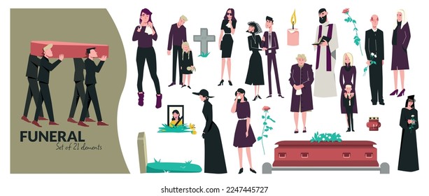 Icono de la muerte funeraria conjunto figuras de familiares llorosos sacerdotes ataúdes velas flores ilustración vectorial