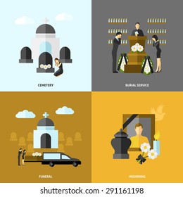 Funeral design concept set with cemetery and mourning flat icons isolated vector illustration