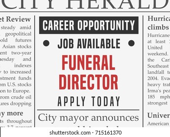 Funeral Director Career - Job Hiring Classified Ad Vector In Fake Newspaper.