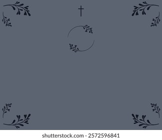 Funeral empty card. Empty card. Digital Funeral invitation. Grey background with funeral cross and leaves