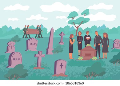 Funeral flat composition with cemetery landscape with stone graves and human characters carrying wooden eternity box vector illustration