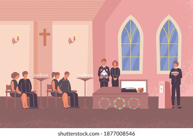 Composición fúnebre plana con el paisaje de la iglesia interior y pastor realizando servicios funerarios para personas fallecidas amigos ilustraciones vectoriales