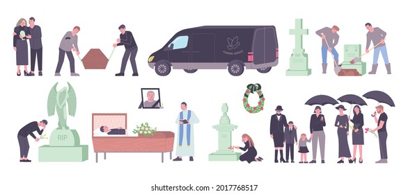 Funeral flat set with grave burial service car mourning people isolated vector illustration