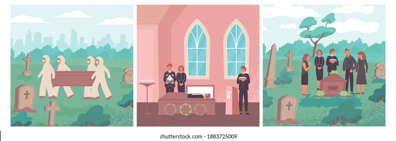 Funeral flat set of three square compositions with landscapes and people during covid-19 burial rites vector illustration