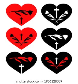 Funeral flowers with a catholic cross and a heart symbol. Conceptual vector design for funeral ceremonies, cards and invitations. 