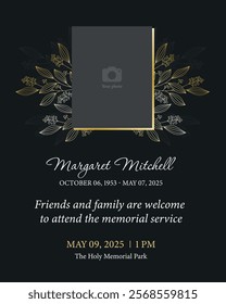 Funeral flyer template with golden abstract flowers on a dark background