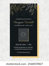 Funeral flyer template with golden abstract flowers on a dark background