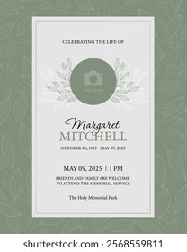 Funeral flyer template with green abstract flowers on a white background