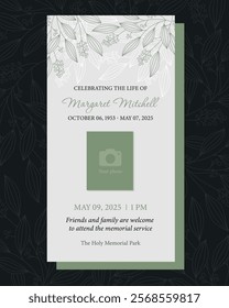 Funeral flyer template with green abstract flowers on a white background