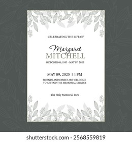 Funeral flyer template with green abstract flowers on a white background