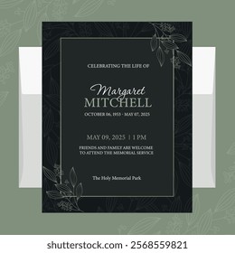 Funeral flyer template with green abstract flowers on a white background