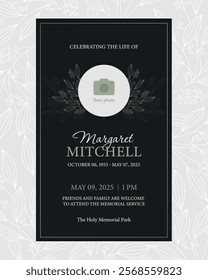 Funeral flyer template with green abstract flowers on a white background